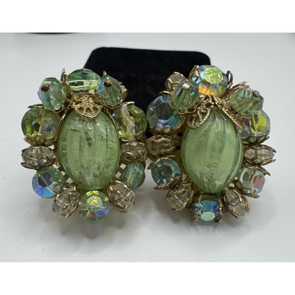 VTG Hobe Green Poured Glass Clip On Earrings Aurora Borealis Rhinestone